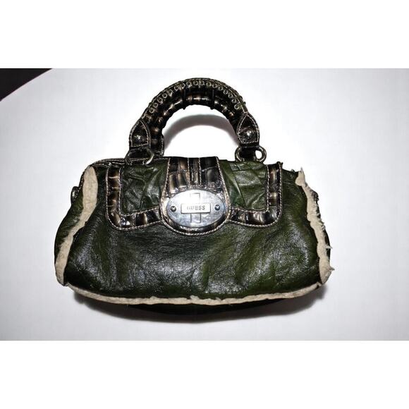 Vintage GUESS Olive Green Faux Leather Shearling Handbag | Y2K Croc Trim Logo - Picture 1 of 15